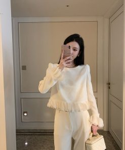 Apricot Round Neck Spliced Knitted Sweater for Women - Lazy Style Long Sleeve Top, Spring Fashion, Casual Chic, Trendy Layering Piece