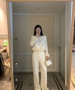 Apricot Round Neck Spliced Knitted Sweater for Women - Lazy Style Long Sleeve Top, Spring Fashion, Casual Chic, Trendy Layering Piece