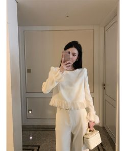 Apricot Round Neck Spliced Knitted Sweater for Women - Lazy Style Long Sleeve Top, Spring Fashion, Casual Chic, Trendy Layering Piece