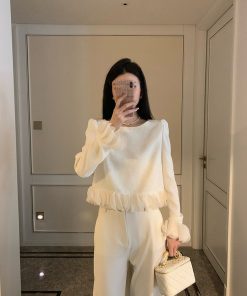 Apricot Round Neck Spliced Knitted Sweater for Women - Lazy Style Long Sleeve Top, Spring Fashion, Casual Chic, Trendy Layering Piece