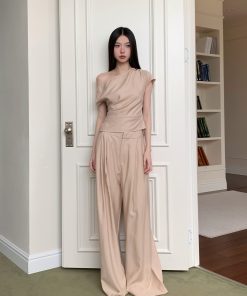 Apricot Slant Collar Top with Wide-Leg Floor-Length Pants Set for Casual Chic Commuting Style