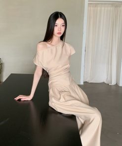 Apricot Slant Collar Top with Wide-Leg Floor-Length Pants Set for Casual Chic Commuting Style