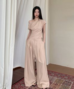 Apricot Slant Collar Top with Wide-Leg Floor-Length Pants Set for Casual Chic Commuting Style