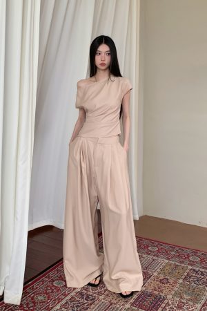 Apricot Slant Collar Top with Wide-Leg Floor-Length Pants Set for Casual Chic Commuting Style