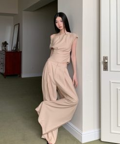 Apricot Slant Collar Top with Wide-Leg Floor-Length Pants Set for Casual Chic Commuting Style