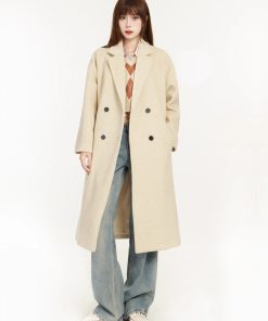Apricot Woolen Trench Coat for Women, 2025 Spring Korean Style Hepburn High-End Mid-Length Outerwear