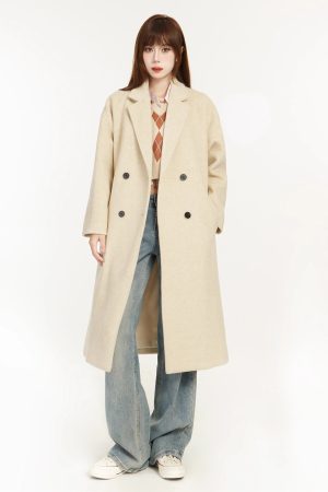 Apricot Woolen Trench Coat for Women, 2025 Spring Korean Style Hepburn High-End Mid-Length Outerwear