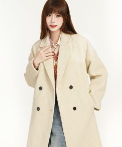 Apricot Woolen Trench Coat for Women, 2025 Spring Korean Style Hepburn High-End Mid-Length Outerwear