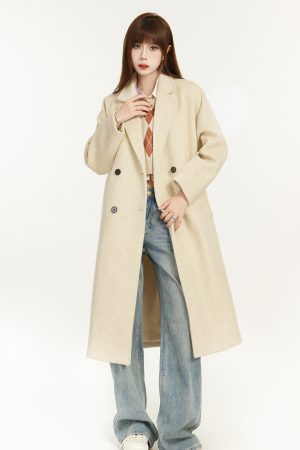 Apricot Woolen Trench Coat for Women, 2025 Spring Korean Style Hepburn High-End Mid-Length Outerwear
