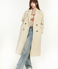 Apricot Woolen Trench Coat for Women, 2025 Spring Korean Style Hepburn High-End Mid-Length Outerwear