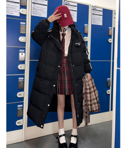 Art School Over-the-Knee Down Jacket for Women, Thickened Winter Coat, Warm Academy Style, Pudding Bear Design