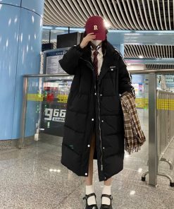 Art School Over-the-Knee Down Jacket for Women, Thickened Winter Coat, Warm Academy Style, Pudding Bear Design