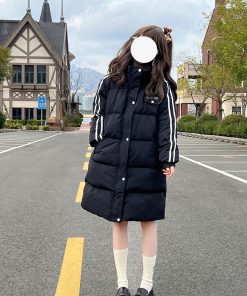 Art School Over-the-Knee Down Jacket for Women, Thickened Winter Coat, Warm Academy Style, Pudding Bear Design