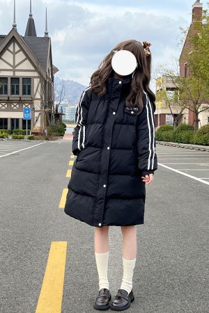 Art School Over-the-Knee Down Jacket for Women, Thickened Winter Coat, Warm Academy Style, Pudding Bear Design