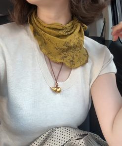 Artistic Retro Ginger Yellow Floral Triangular Scarf - Pastoral Forest Style Neck Scarf & Headscarf for Women