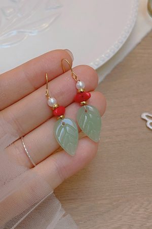 Artistic Retro Leaf Ear Hook Earrings, Handmade Ancient Style Pendants for Hanfu and Qipao, Vintage National Style Jewelry