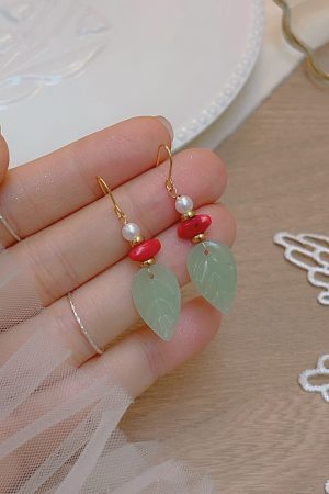 Artistic Retro Leaf Ear Hook Earrings, Handmade Ancient Style Pendants for Hanfu and Qipao, Vintage National Style Jewelry