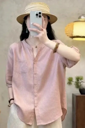 Artistic Retro Women's Summer Ramie Small V-Neck Short Sleeve Shirt - Stylish Casual Versatile Blouse