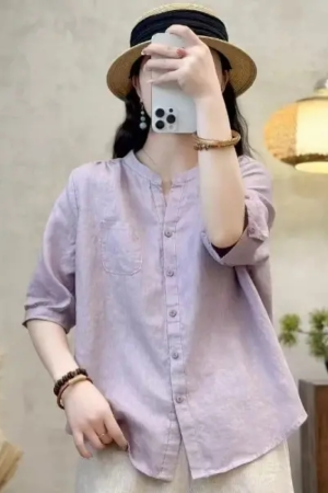 Artistic Retro Women's Summer Ramie Small V-Neck Short Sleeve Shirt - Stylish Casual Versatile Blouse