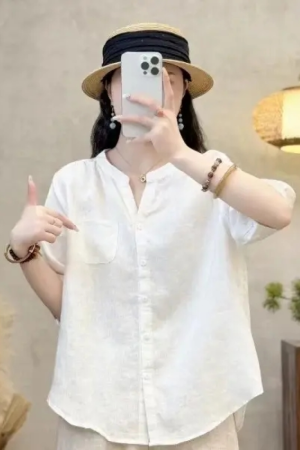 Artistic Retro Women's Summer Ramie Small V-Neck Short Sleeve Shirt - Stylish Casual Versatile Blouse