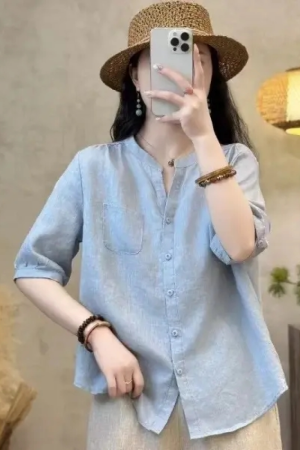 Artistic Retro Women's Summer Ramie Small V-Neck Short Sleeve Shirt - Stylish Casual Versatile Blouse