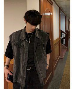 Ash Gray Denim Vest for Men and Women - Vintage Loose Workwear, Washed Sleeveless Jacket, Trendy Spring Autumn Fashion