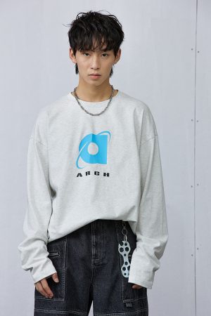 Ash Gray Long Sleeve T-Shirt with Roaring Beast Internet Logo - Trendy 90s Inspired Urban Streetwear Top