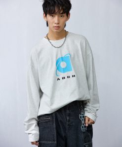 Ash Gray Long Sleeve T-Shirt with Roaring Beast Internet Logo - Trendy 90s Inspired Urban Streetwear Top