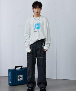 Ash Gray Long Sleeve T-Shirt with Roaring Beast Internet Logo - Trendy 90s Inspired Urban Streetwear Top