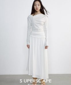 Asymmetric Knot Slant Collar Pleated A-Line Knit Dress - Trendy 90s-Inspired Fashion for Chic Outfits