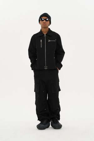 Asymmetric Pocket Zipper Studded Detroit Jacket Coat - American Street Style Fashion Outerwear