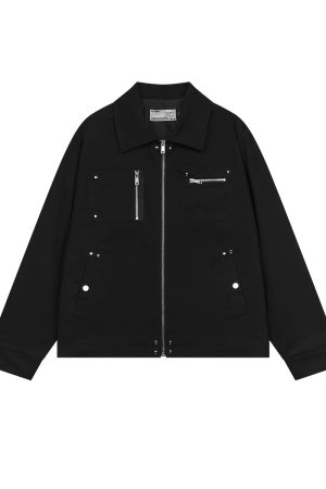 Asymmetric Pocket Zipper Studded Detroit Jacket Coat - American Street Style Fashion Outerwear