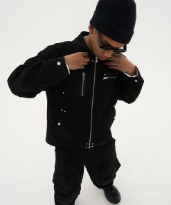 Asymmetric Pocket Zipper Studded Detroit Jacket Coat - American Street Style Fashion Outerwear