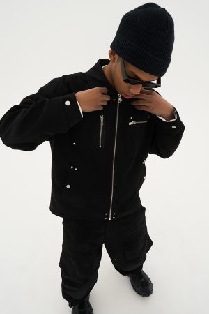 Asymmetric Pocket Zipper Studded Detroit Jacket Coat - American Street Style Fashion Outerwear