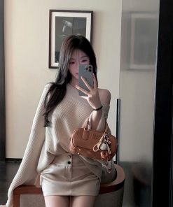 Asymmetrical Bat Sleeve Off-Shoulder Sweater for Women - Irregular Loose Knit Top for Autumn & Winter Fashion