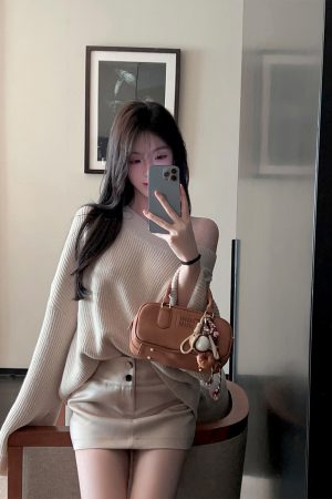 Asymmetrical Bat Sleeve Off-Shoulder Sweater for Women - Irregular Loose Knit Top for Autumn & Winter Fashion