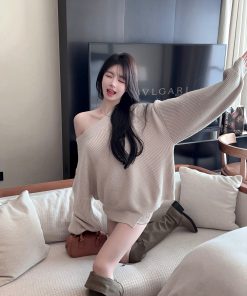 Asymmetrical Bat Sleeve Off-Shoulder Sweater for Women - Irregular Loose Knit Top for Autumn & Winter Fashion