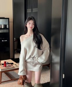 Asymmetrical Bat Sleeve Off-Shoulder Sweater for Women - Irregular Loose Knit Top for Autumn & Winter Fashion