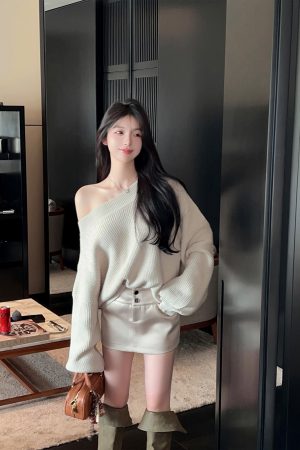 Asymmetrical Bat Sleeve Off-Shoulder Sweater for Women - Irregular Loose Knit Top for Autumn & Winter Fashion