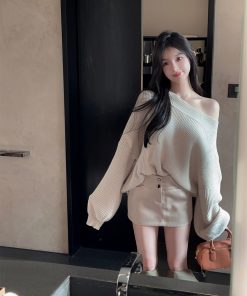 Asymmetrical Bat Sleeve Off-Shoulder Sweater for Women - Irregular Loose Knit Top for Autumn & Winter Fashion