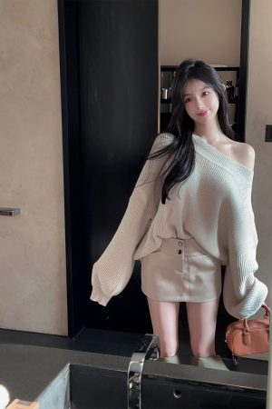 Asymmetrical Bat Sleeve Off-Shoulder Sweater for Women - Irregular Loose Knit Top for Autumn & Winter Fashion