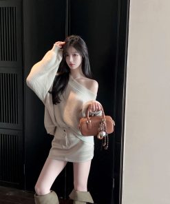 Asymmetrical Bat Sleeve Off-Shoulder Sweater for Women - Irregular Loose Knit Top for Autumn & Winter Fashion