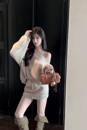 Asymmetrical Bat Sleeve Off-Shoulder Sweater for Women - Irregular Loose Knit Top for Autumn & Winter Fashion