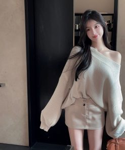 Asymmetrical Bat Sleeve Off-Shoulder Sweater for Women - Irregular Loose Knit Top for Autumn & Winter Fashion