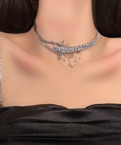 Asymmetrical Cold Shoulder Chain Necklace with Sparkling Diamonds - Light Luxury Sweet Cool Niche Jewelry
