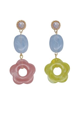 Asymmetrical Five-Petal Flower Pearl Earrings - Cute Colorful Studs for Women, High-End Fashion, Niche Floral Jewelry