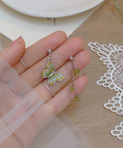 Asymmetrical Green Butterfly Earrings for Women - Fresh Forest Style Spring/Summer Niche Long Studs
