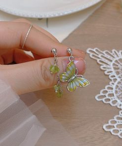 Asymmetrical Green Butterfly Earrings for Women - Fresh Forest Style Spring/Summer Niche Long Studs