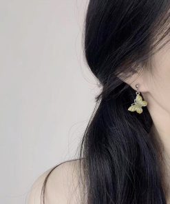 Asymmetrical Green Butterfly Earrings for Women - Fresh Forest Style Spring/Summer Niche Long Studs