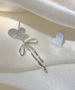 Asymmetrical Love Heart Bow Earrings - High-End Korean Style Light Luxury Ear Studs for Women